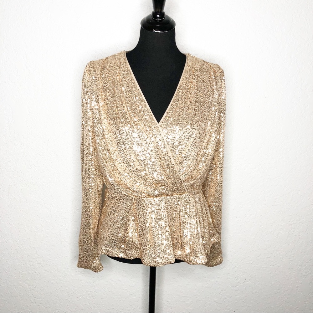 Boston Proper gold sequin faux wrap peplum long sleeve top size Large NWT